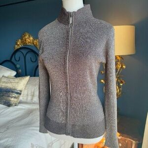 Shimmery Brown Lurex Rhinestone Zip Up Sweater